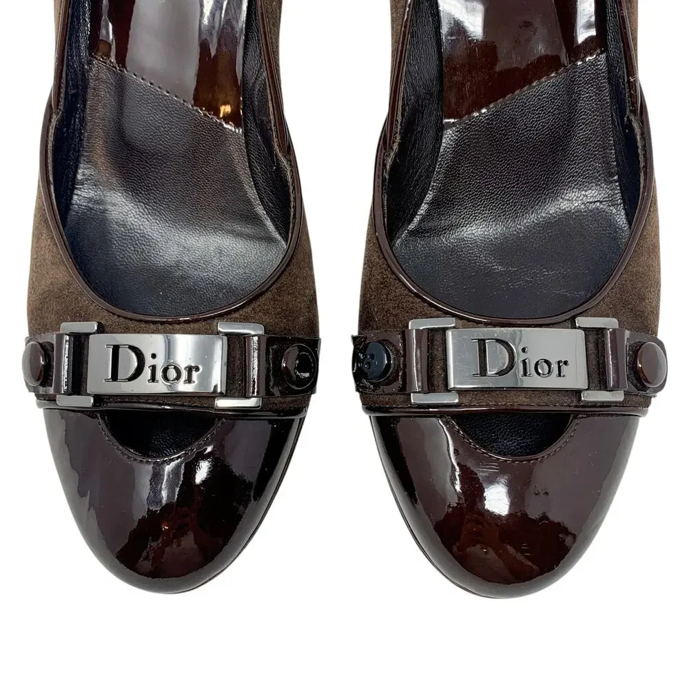 Vintage Dior Galliano Era Street Chic Brown Suede Patent Leather Logo Pumps 37.5